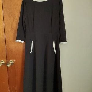 Chic Long Sleeve Black Dress with White Trim and Pockets. NEW, never worn.